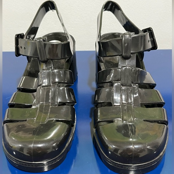 Juju Black Jelly Babe Sandals Sz 8 UK 6 Heels Woven Plastic Buckle Womens Shoes - Picture 8 of 8